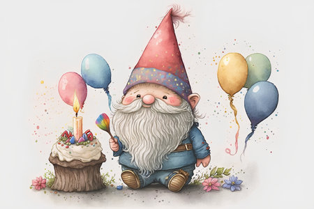 Cute gnome with cake and balloons. Watercolor illustration.の素材