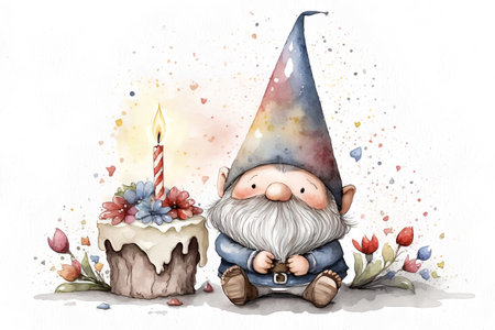Cute gnome with a cake. Watercolor hand drawn illustrationの素材
