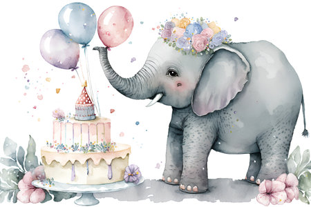 Watercolor cute elephant with birthday cake and balloons. Hand drawn illustrationの素材