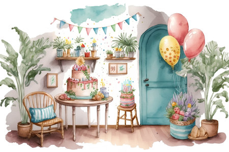 Watercolor illustration of a birthday party with cake, balloons and decorationsの素材