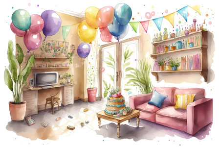 Hand drawn watercolor illustration of a childrens room with a sofa, a table, a chair, a cake, balloons and decorationsの素材
