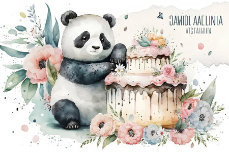 Watercolor illustration with cute panda bear, cake and flowers.の素材