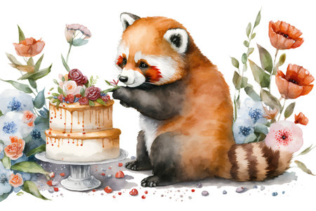 Watercolor cute red panda bear with birthday cake and flowers.の素材