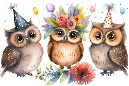 Watercolor cute owls in birthday hats with flowers and ribbonsの素材