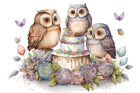 Watercolor illustration of cute owls on a wedding cake with flowers and birdsの素材