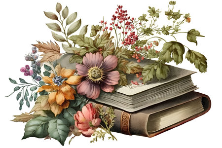 Watercolor illustration of an old book with flowers and leaves on a white backgroundの素材