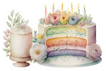 Watercolor birthday cake with candles and flowers. Watercolor illustration.の素材