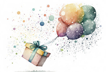 Gift box with colorful watercolor splashes on white background.の素材