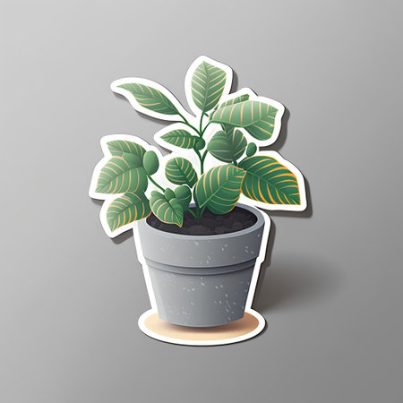 Illustration of a green plant in a pot on a gray backgroundの素材