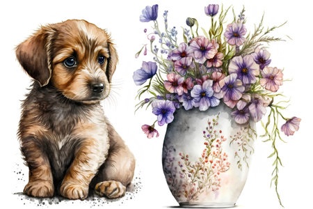 Puppy and vase with flowers. Watercolor illustration.の素材
