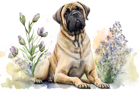Watercolor portrait of a dog breed Shar pei sitting on the grass with flowers.の素材