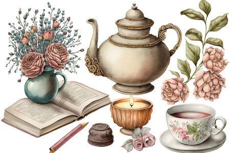 Watercolor set with teapot, cup of tea, book, flowers, candlestick and candleの素材
