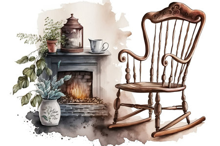 Watercolor illustration of a rocking chair in front of a fireplace.の素材