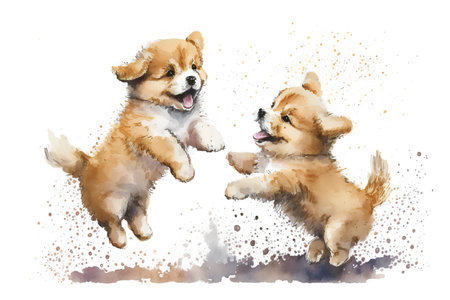 Puppies of Akita inu. Watercolor hand drawn illustrationの素材