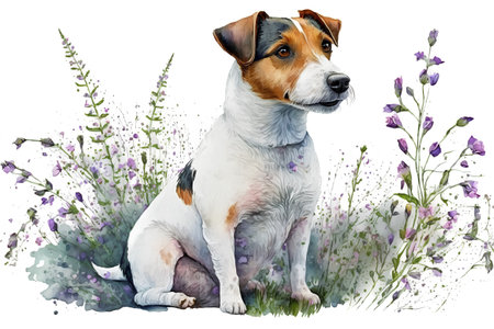 Illustration of a Jack Russell Terrier sitting on a flower meadowの素材