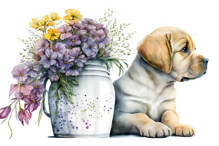 Puppy with a bouquet of flowers in a vase. Watercolor illustrationの素材