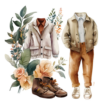Watercolor set of men's clothes and flowers. Fashion illustration.の素材