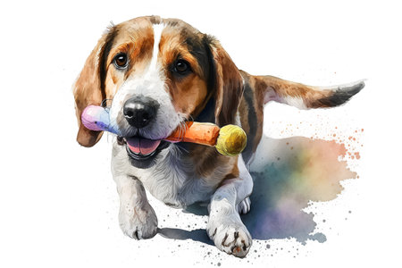 Beagle dog with a bone. Digital watercolor painting on white backgroundの素材