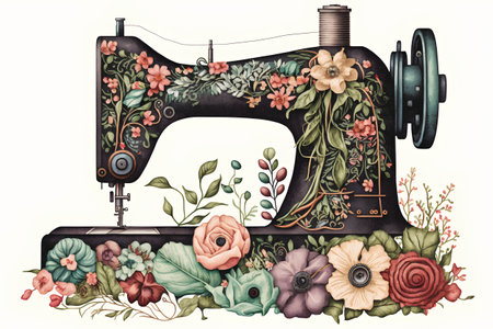 Sewing machine with flowers and leaves. Hand drawn illustration.の素材