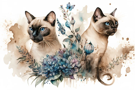 Watercolor portrait of two siamese cats and blue hydrangea flowersの素材