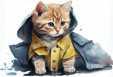 Cute kitten in a raincoat. Hand drawn watercolor illustration.の素材