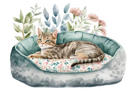 Cute cat sleeping in a cat bed. Watercolor illustration.の素材