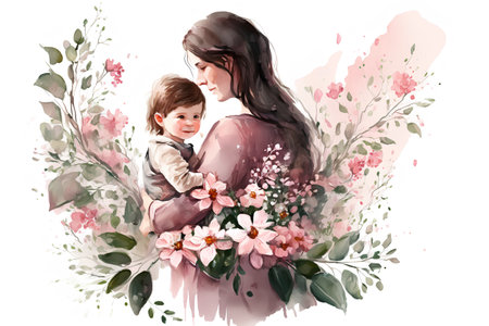 Mother and baby in flowers. Watercolor illustration. Hand drawn.の素材