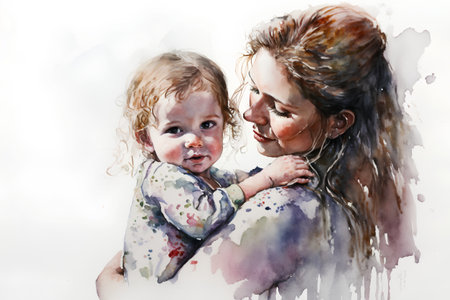Watercolor painting of a mother with her baby. Portrait of a mother and daughter.の素材
