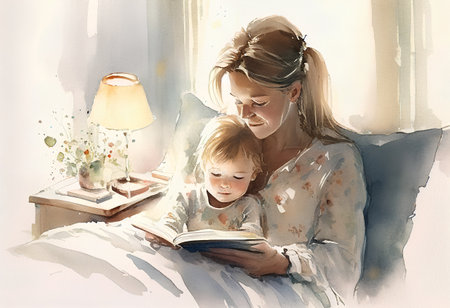 Mother and child reading a book at home. Watercolor illustration.の素材