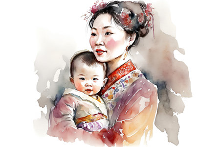 Watercolor illustration of a mother with baby in traditional Chinese clothes.の素材