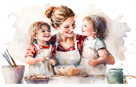 Beautiful young mother with her two daughters cooking in the kitchen. Watercolor paintingの素材