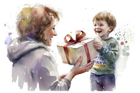 Watercolor illustration of a mother giving a present to her son.の素材