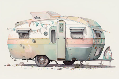 Camper trailer. Hand drawn watercolor illustration on white background.の素材