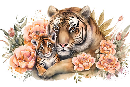 Watercolor illustration of tiger and tiger cub with peony flowers.の素材