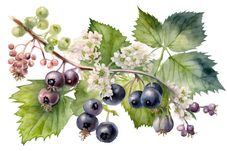 Branch of black currant with berries and leaves. Watercolor illustrationの素材
