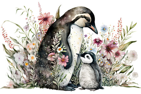 Watercolor cute penguins with flowers. Illustration on white backgroundの素材