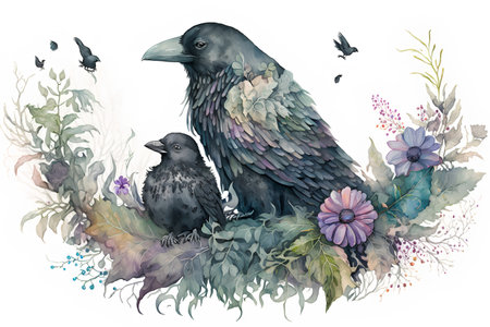 Watercolor illustration of a pair of ravens sitting on a branch with flowers, leaves and grassの素材