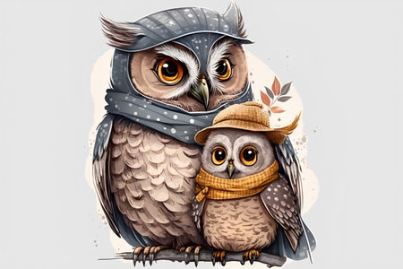 Two owls in a hat and scarf on a light background.の素材