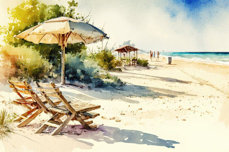 Beach with sunbeds and umbrellas. Watercolor paintingの素材