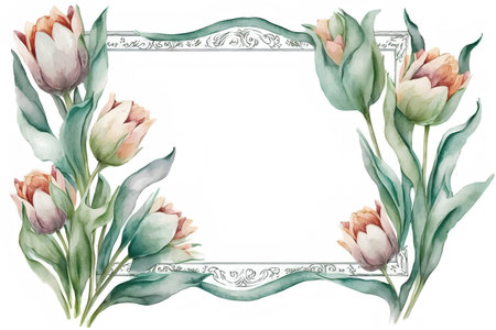 Watercolor floral frame with tulips. Hand painted illustration isolated on white backgroundの素材