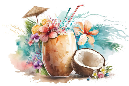 Coconut cocktail. Watercolor hand drawn illustration, isolated on white backgroundの素材