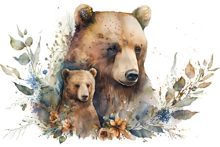 Watercolor illustration of brown bear and bear cubs on white backgroundの素材