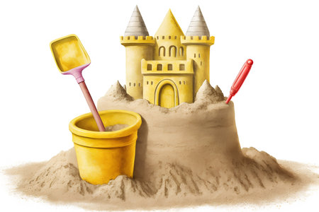 Sand castle with shovel and bucket on white background. Watercolor illustrationの素材