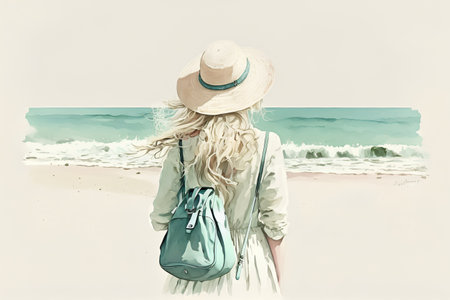 Beautiful young woman in hat walking on the beach. Digital watercolor paintingの素材
