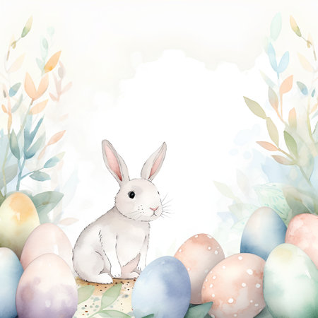 Easter card with easter eggs and bunny, watercolor illustrationの素材