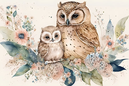 Beautiful watercolor illustration of a pair of owls with flowersの素材