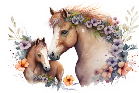 Beautiful watercolor illustration with a pair of horses in a wreath of flowersの素材
