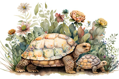 Turtle family. Watercolor illustration of a tortoise with flowers.の素材