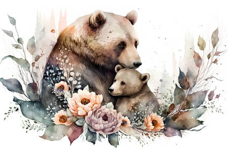 Watercolor illustration of a bear and a bear cub on a white backgroundの素材