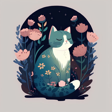Vector illustration of a cute cat sitting among the flowers in the night.の素材